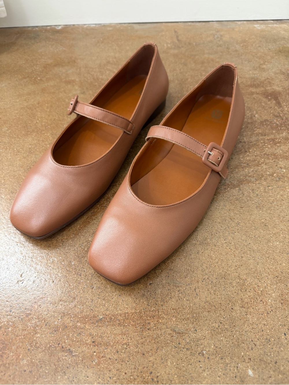 Bruno Magli Elissa Leather Mary Jane Flats Square Toe Cognac Brown